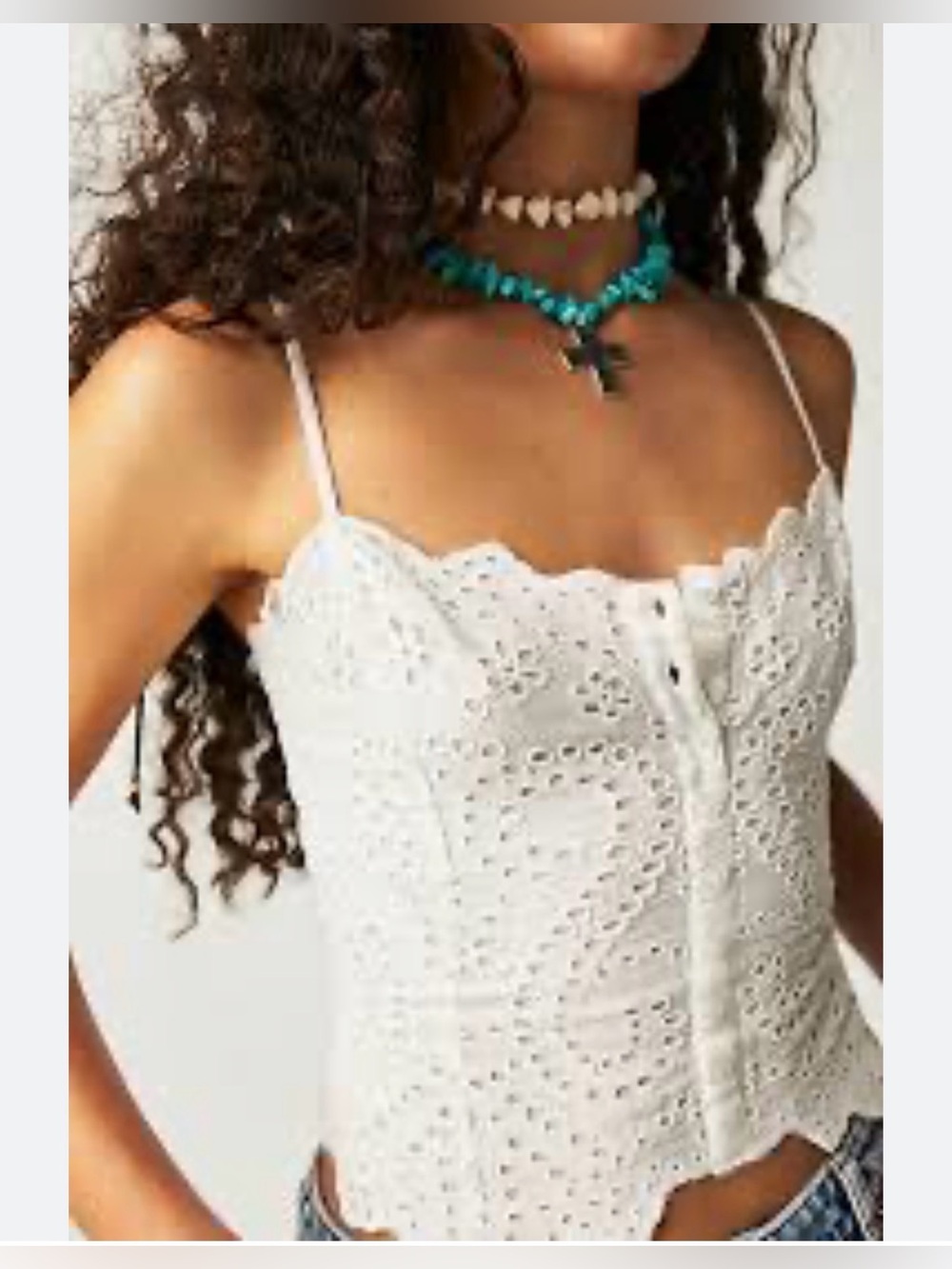FP one Emma Top Size Medium White Eyelet Button-Front Camisole with Smocked Back